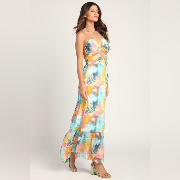 Sz L NWOT Lulus Stunning One Multi‎ Abstract Print Drawstring Halter Maxi Dress - Picture 4 of 10